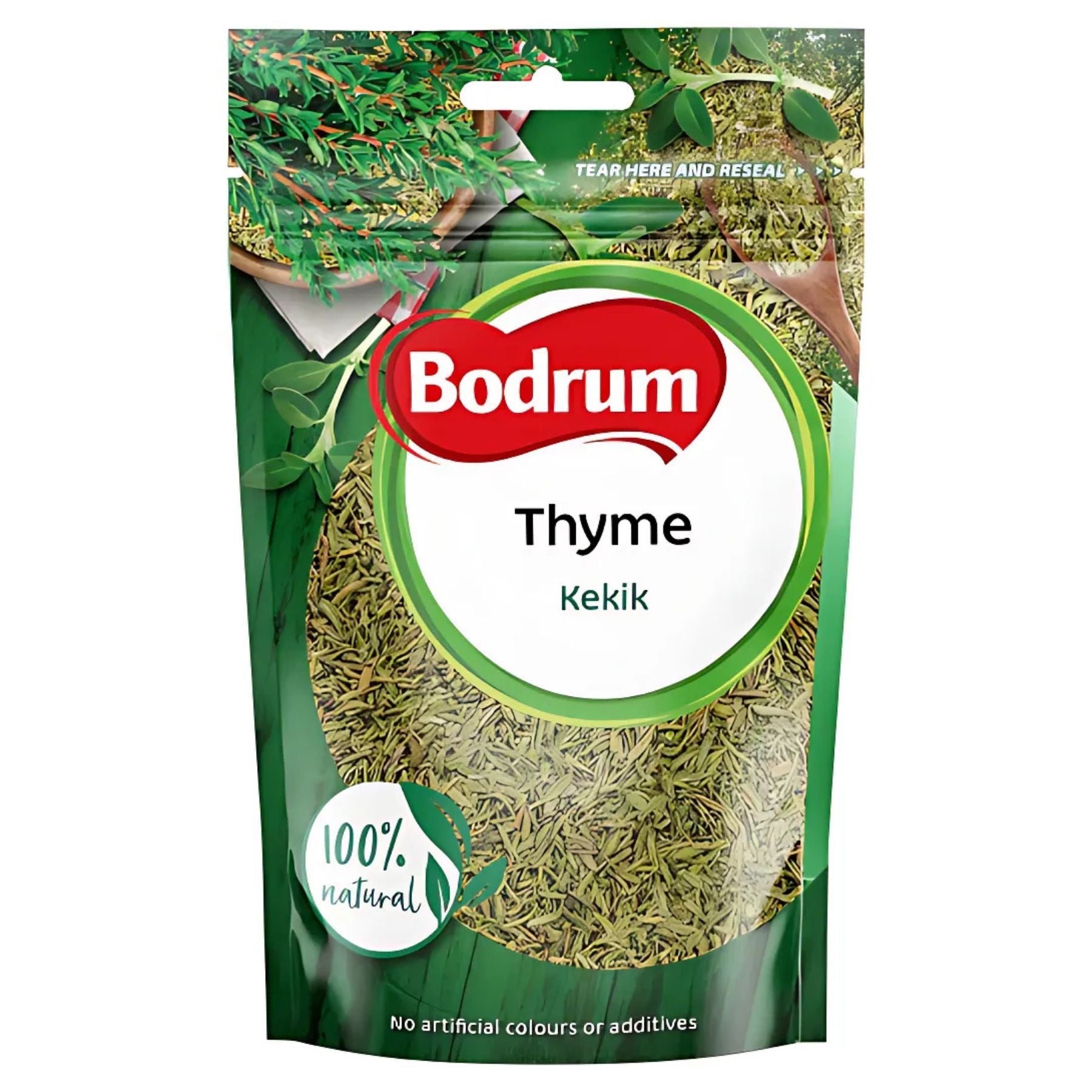 A green and clear package of Bodrum - Thyme - 50g, labeled “100% natural” with “Kekik,” features thyme leaf images and highlights this Mediterranean herb as premium quality thyme. A green and clear package of Bodrum - Thyme - 50g, labeled “100% natural” with “Kekik,” features thyme leaf images and highlights this Mediterranean herb as premium quality thyme.
