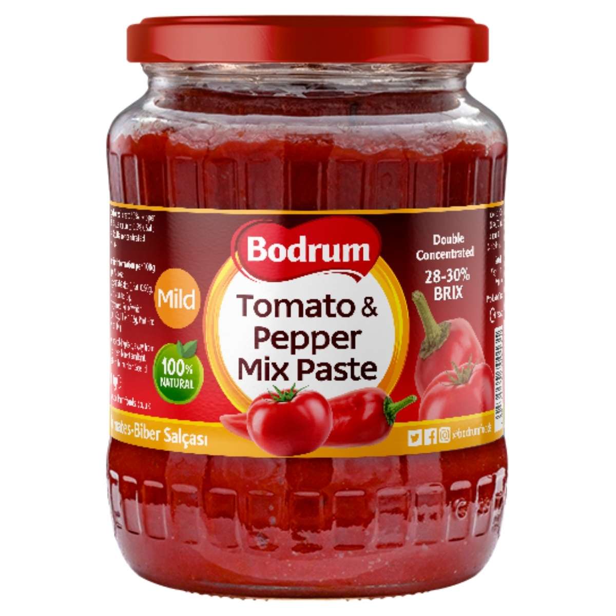 Bodrum - Tomato & Pepper Mix Paste - 700g, featuring 28-30% Brix. Double concentrated and made with 100% natural ingredients. Bodrum - Tomato & Pepper Mix Paste - 700g, featuring 28-30% Brix. Double concentrated and made with 100% natural ingredients.