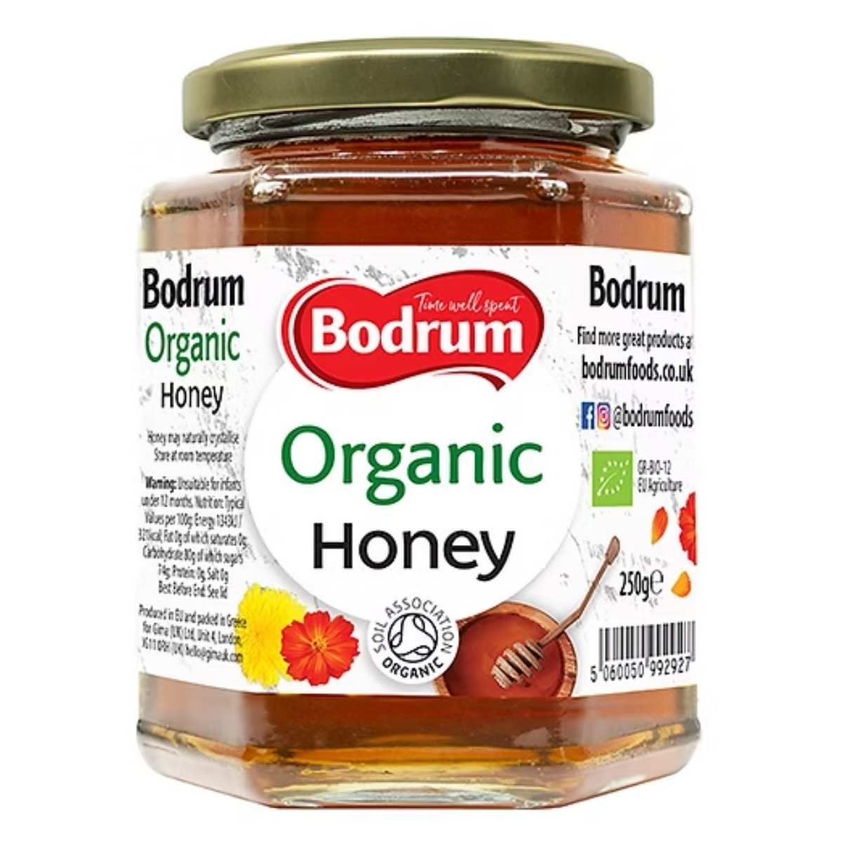 Bodrum - Organic Honey - 250g comes in a jar with a green and white label, featuring a honey dipper and flowers, offering the natural sweetness of organic honey. Bodrum - Organic Honey - 250g comes in a jar with a green and white label, featuring a honey dipper and flowers, offering the natural sweetness of organic honey.