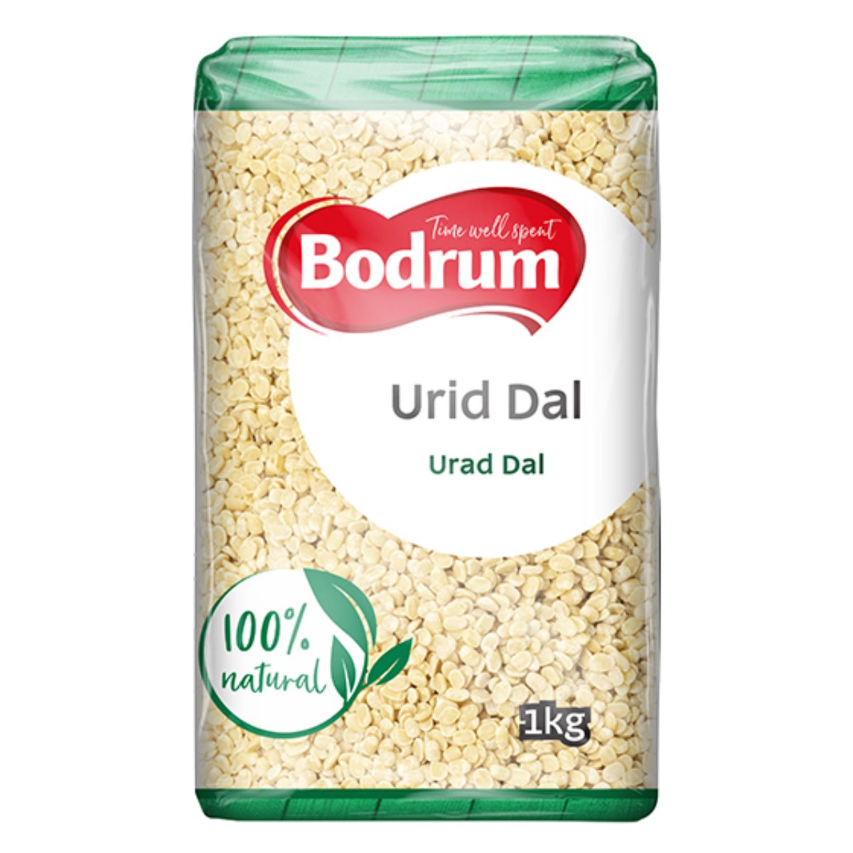 Bodrum - Urad Dal - 1kg: A sealed pack of premium black gram lentils with a transparent window and labels "100% natural" and "Urid Dal"—ideal for making nutritious meals. Bodrum - Urad Dal - 1kg: A sealed pack of premium black gram lentils with a transparent window and labels "100% natural" and "Urid Dal"—ideal for making nutritious meals.