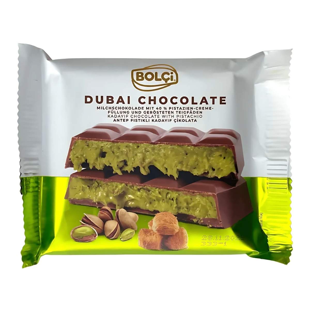 Bolci - Dubai Chocolate With Pistachio Kadayif Filled Milk Chocolate Bar (100g) packaging showcases milk chocolate with pistachio kadayif filling, pistachios, and hazelnuts on a white and green background. Bolci - Dubai Chocolate With Pistachio Kadayif Filled Milk Chocolate Bar (100g) packaging showcases milk chocolate with pistachio kadayif filling, pistachios, and hazelnuts on a white and green background.