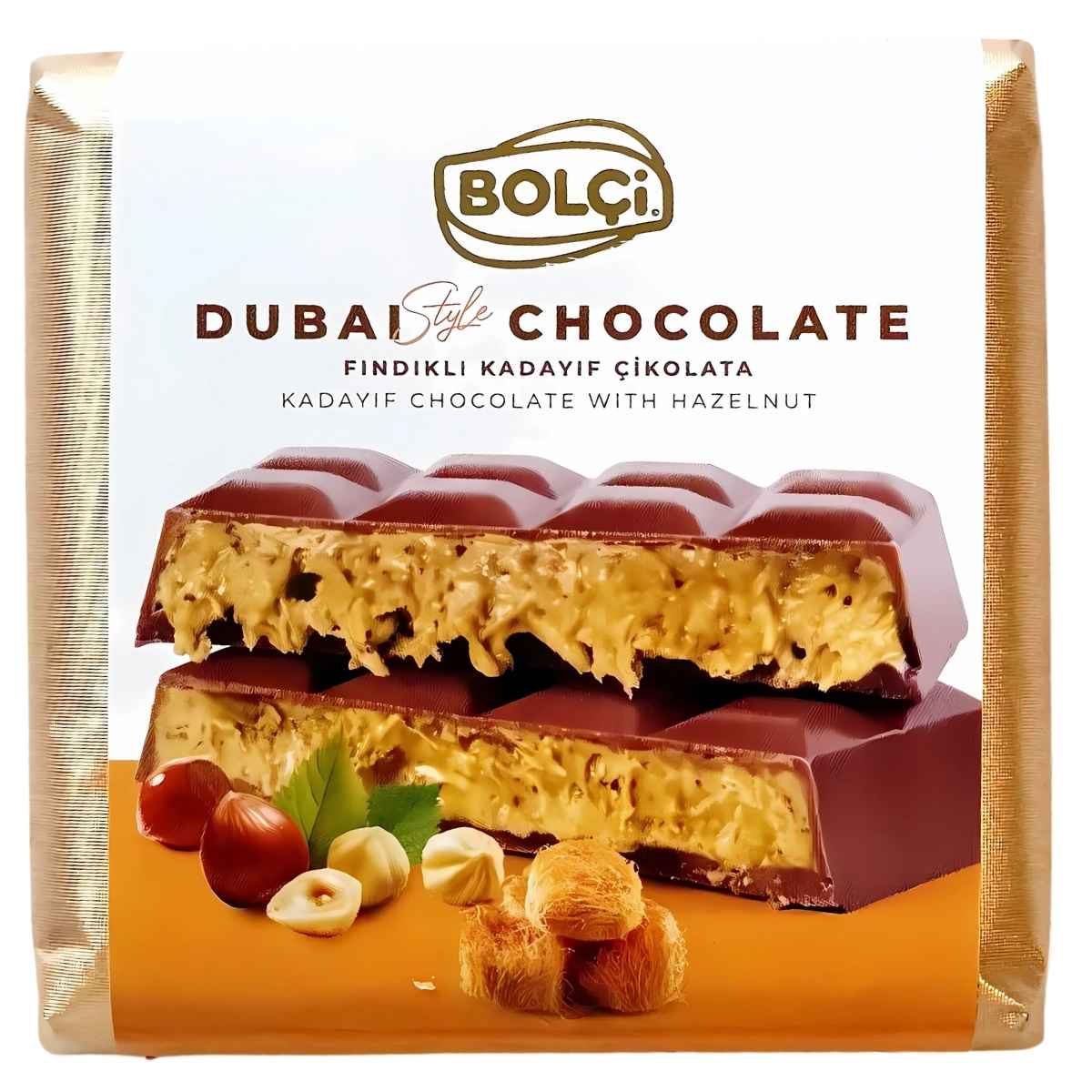 A 100g package of Bolci Dubai Chocolate Kadayif Chocolate with Hazelnut, showcasing an image of the Kadayif chocolate bar and hazelnuts on the wrapper. A 100g package of Bolci Dubai Chocolate Kadayif Chocolate with Hazelnut, showcasing an image of the Kadayif chocolate bar and hazelnuts on the wrapper.