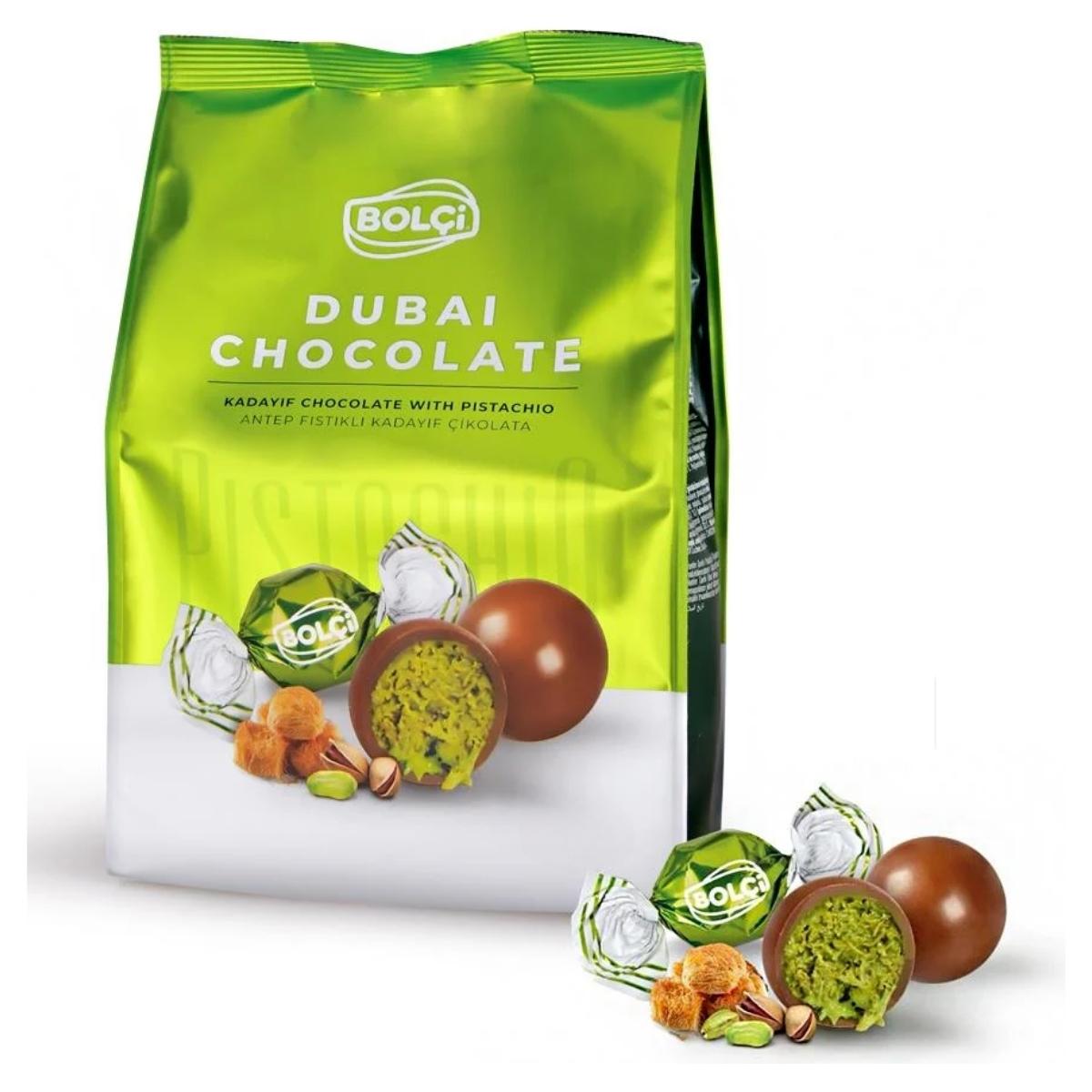A green package of Bolci Dubai Chocolate Truffles with Kadayif & Pistachio Filling (120g), featuring chocolate sweets with creamy pistachios, kadayif, and whole pistachio nuts. A green package of Bolci Dubai Chocolate Truffles with Kadayif & Pistachio Filling (120g), featuring chocolate sweets with creamy pistachios, kadayif, and whole pistachio nuts.
