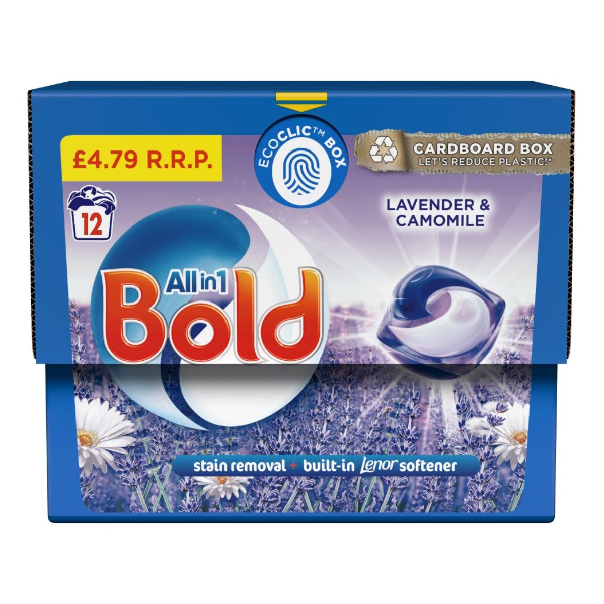 A box of Bold - All in 1 PODS Washing Capsules - 12washes laundry detergent with lavender and lavender.
