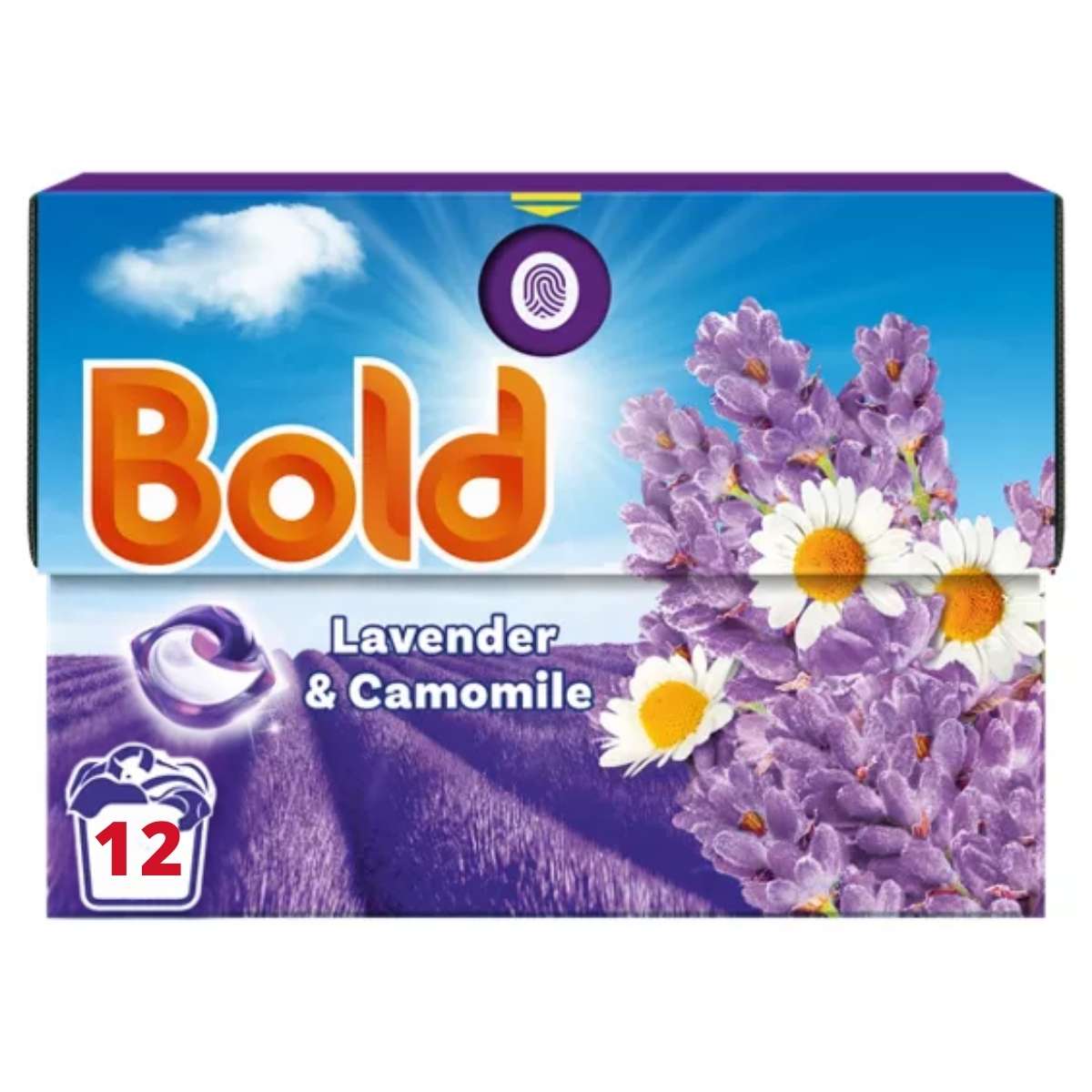 Box of Bold - Lavender & Camomile Laundry Detergent (235.2g), for 12 washes, features lavender and chamomile flower images. Box of Bold - Lavender & Camomile Laundry Detergent (235.2g), for 12 washes, features lavender and chamomile flower images.