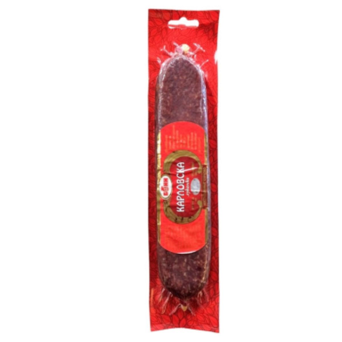 A Boni - Lukanka Karlovska - 210g in a package on a white background. A Boni - Lukanka Karlovska - 210g in a package on a white background.