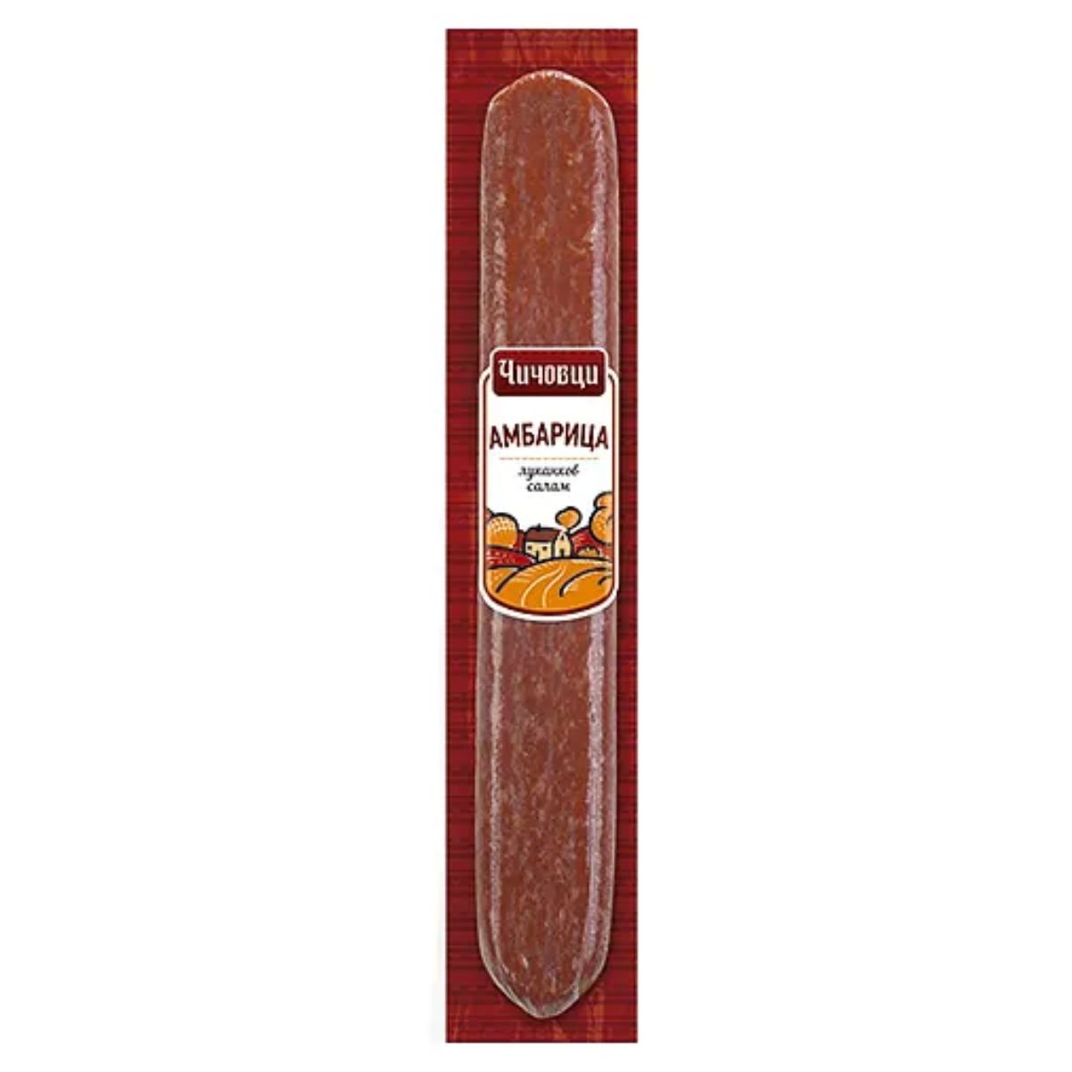 A stick of Boni Salami Ambaritza on a red background. A stick of Boni Salami Ambaritza on a red background.
