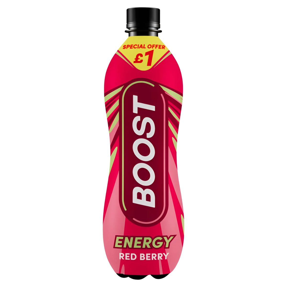 A 500ml Boost Energy Red Berry bottle with vibrant yellow accents and a £1 special offer bursts with bold berry flavor in every energizing sip. A 500ml Boost Energy Red Berry bottle with vibrant yellow accents and a £1 special offer bursts with bold berry flavor in every energizing sip.