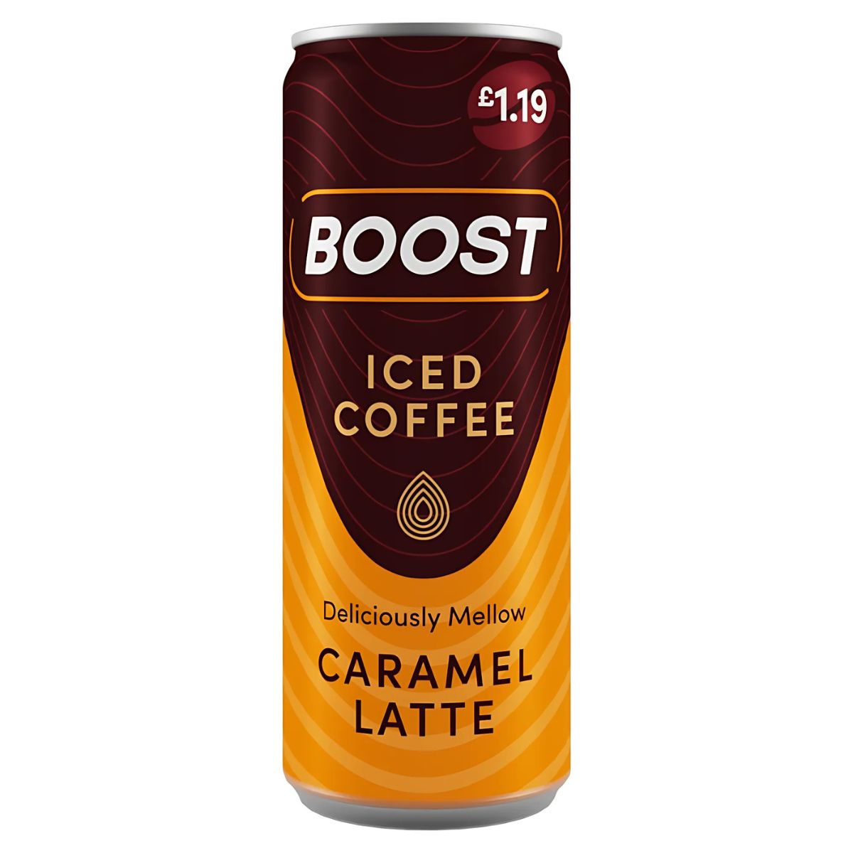A £1.19 can of Boost - Iced Coffee Caramel Latte - 250ml, in brown and orange packaging with "Deliciously Mellow" on the label. A £1.19 can of Boost - Iced Coffee Caramel Latte - 250ml, in brown and orange packaging with "Deliciously Mellow" on the label.