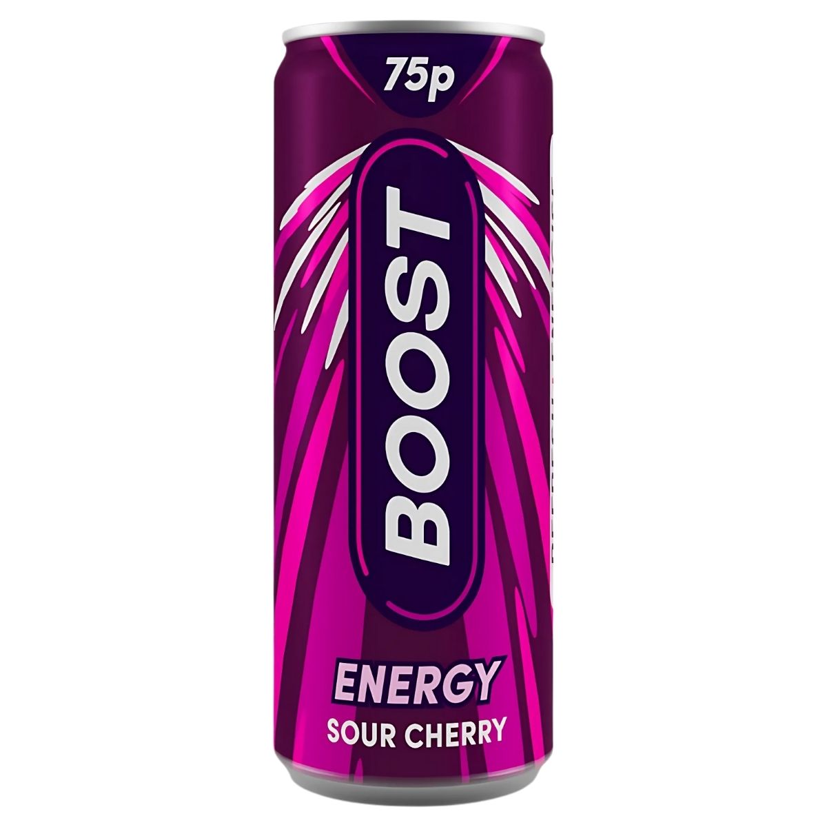 A 250ml can of Boost - Sour Cherry Energy drink in purple and pink, labeled with a 75p price at the top. A 250ml can of Boost - Sour Cherry Energy drink in purple and pink, labeled with a 75p price at the top.