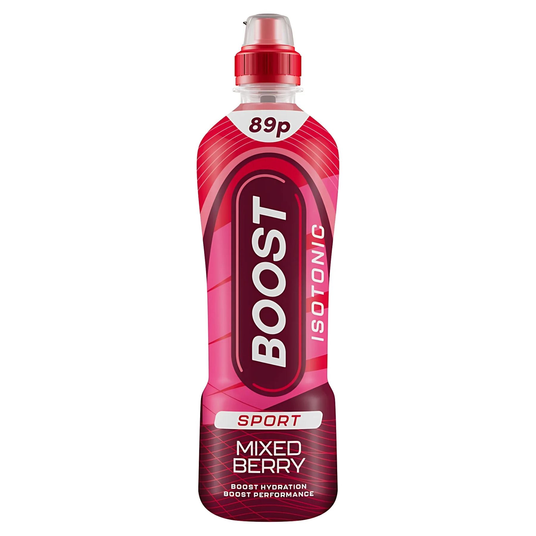 A 500ml Boost Sport Isotonic Mixed Berry drink with electrolytes, a pink label, and an 89p price mark on the cap. A 500ml Boost Sport Isotonic Mixed Berry drink with electrolytes, a pink label, and an 89p price mark on the cap.