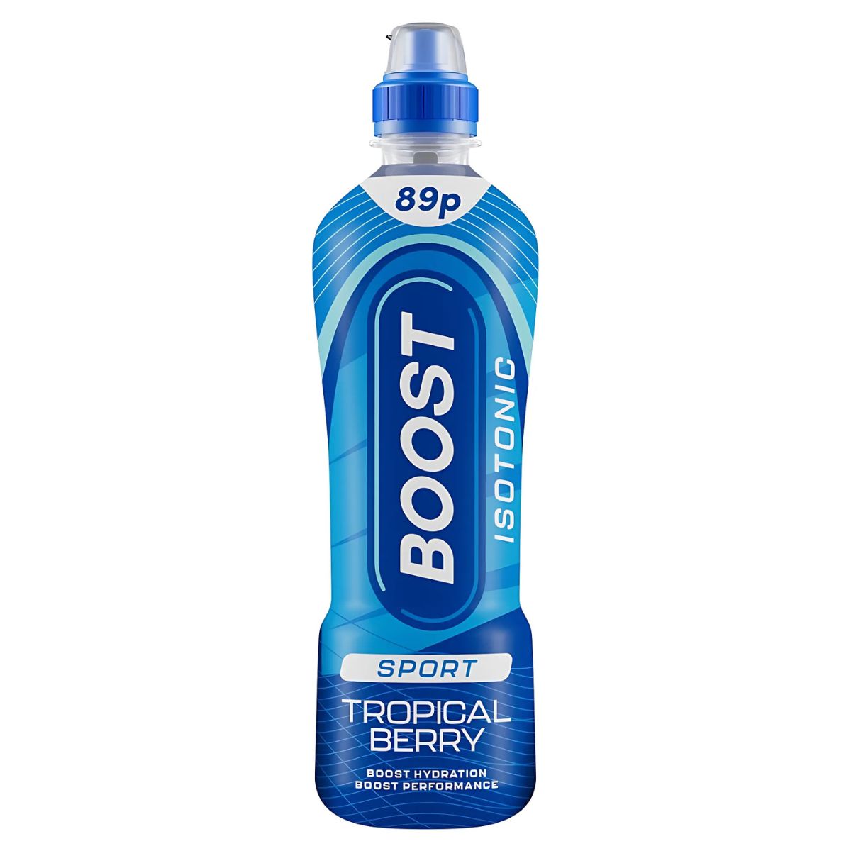 A 500ml Boost Sport Isotonic Tropical Berry drink in a blue plastic bottle, designed for hydration and sports recovery, with an 89p price on the cap. A 500ml Boost Sport Isotonic Tropical Berry drink in a blue plastic bottle, designed for hydration and sports recovery, with an 89p price on the cap.