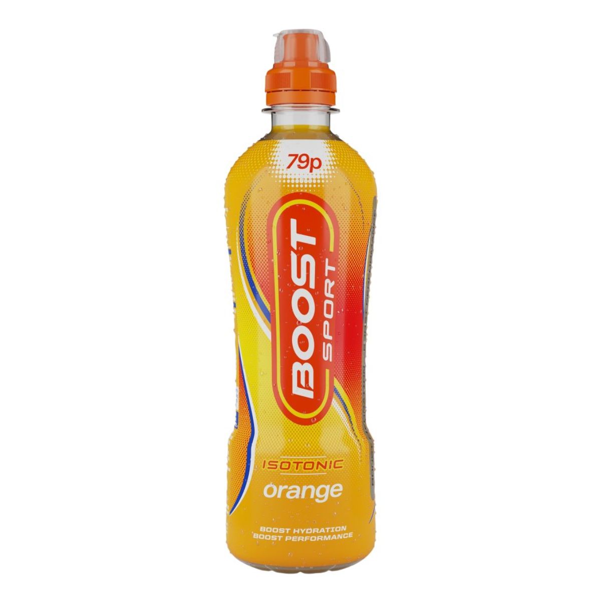 A bottle of Boost - Sport Isotonic Orange - 500ml on a white background. A bottle of Boost - Sport Isotonic Orange - 500ml on a white background.