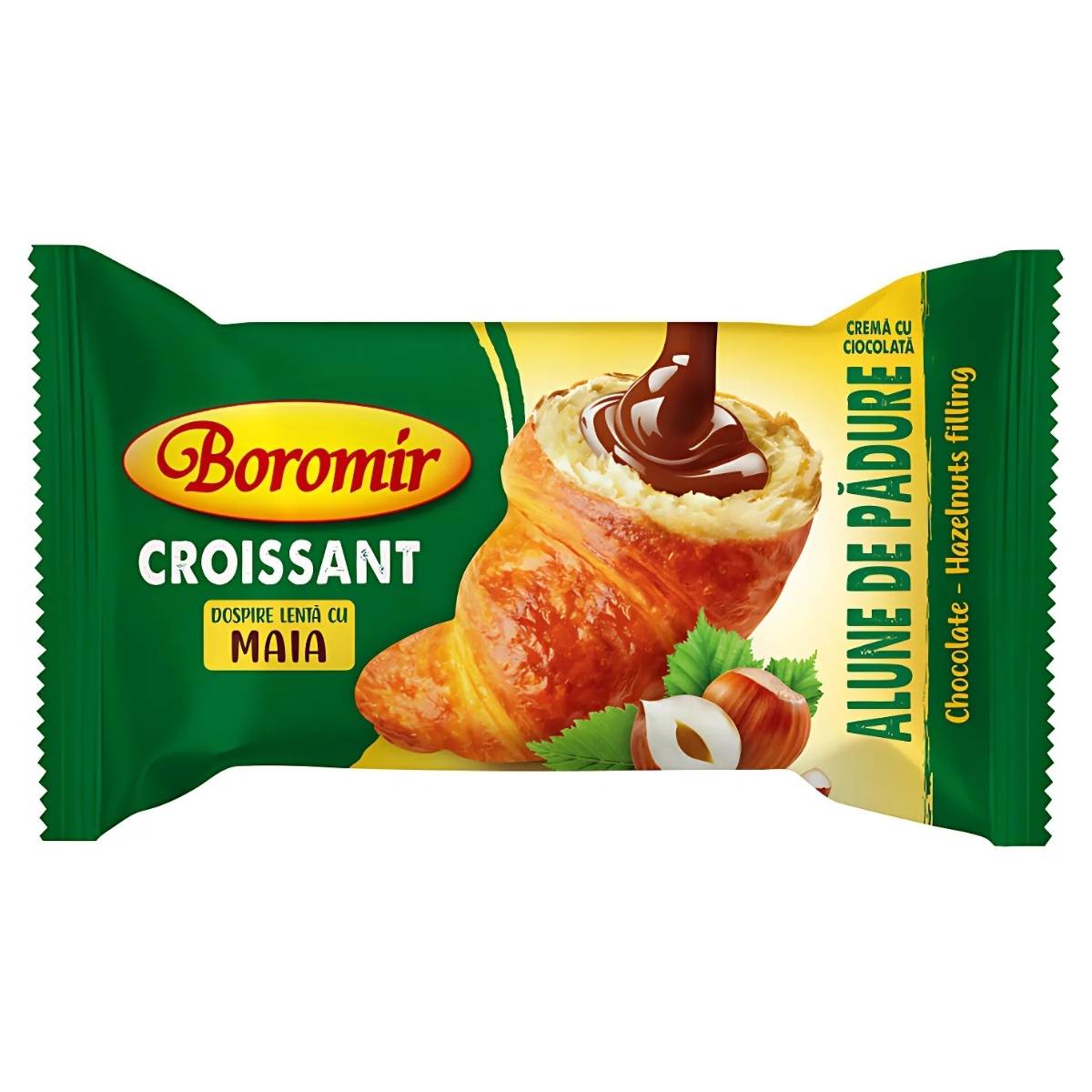 The 60g Boromir Croissant with Chocolate Hazelnut Filling is packaged in a vibrant green and yellow wrapper, showcasing an enticing croissant and rich chocolate sauce image. The 60g Boromir Croissant with Chocolate Hazelnut Filling is packaged in a vibrant green and yellow wrapper, showcasing an enticing croissant and rich chocolate sauce image.