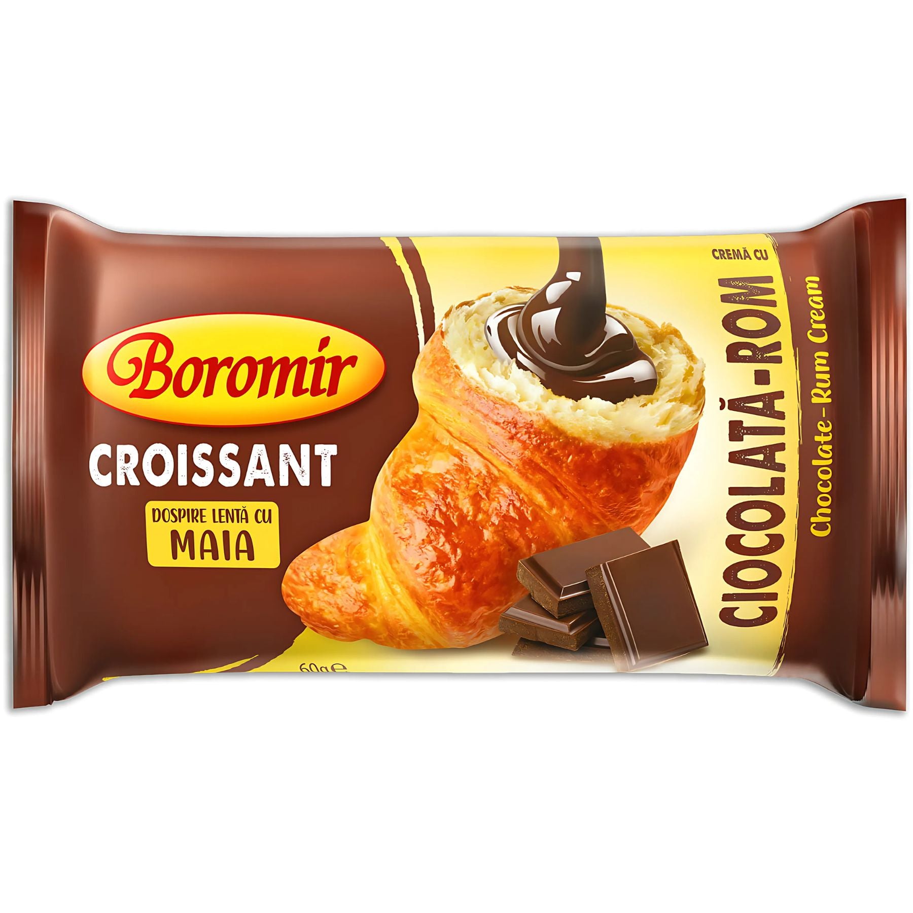 Boromir - Croissant With Chocolate & Rum Cream 60g packaging showcases a croissant filled with rich chocolate and rum cream for a delicious treat. Boromir - Croissant With Chocolate & Rum Cream 60g packaging showcases a croissant filled with rich chocolate and rum cream for a delicious treat.