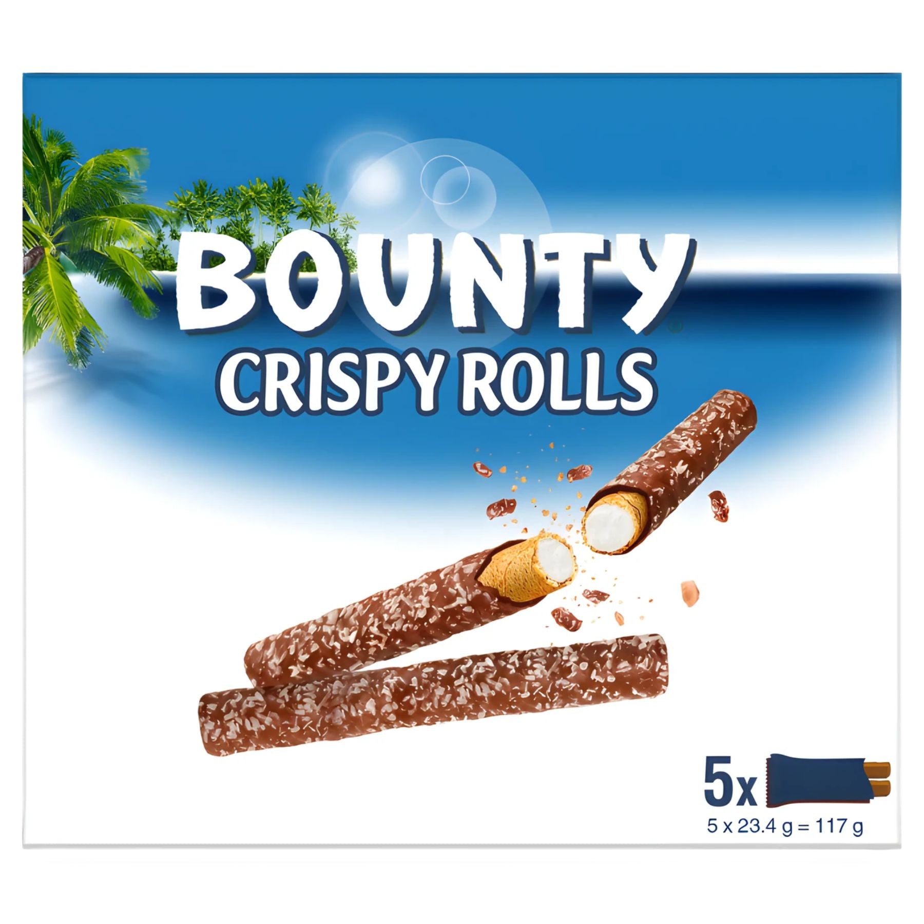 The Bounty - Crispy Rolls Multipack (5 x 23.4g) packaging displays two chocolate-coated wafer rolls with coconut filling, set against a tropical backdrop with product details shown at the bottom. The Bounty - Crispy Rolls Multipack (5 x 23.4g) packaging displays two chocolate-coated wafer rolls with coconut filling, set against a tropical backdrop with product details shown at the bottom.