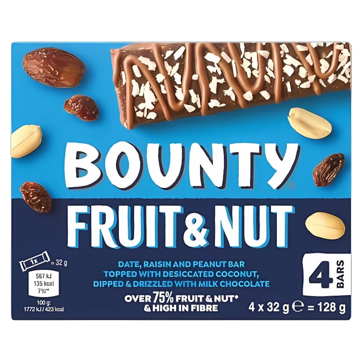 Box of Bounty - Fruit & Nut Chocolate Bar (4 x 32g), featuring chocolate-coated fruit and nut bars with highlighted ingredients and nutritional info; a deliciously healthy snack option. Box of Bounty - Fruit & Nut Chocolate Bar (4 x 32g), featuring chocolate-coated fruit and nut bars with highlighted ingredients and nutritional info; a deliciously healthy snack option.