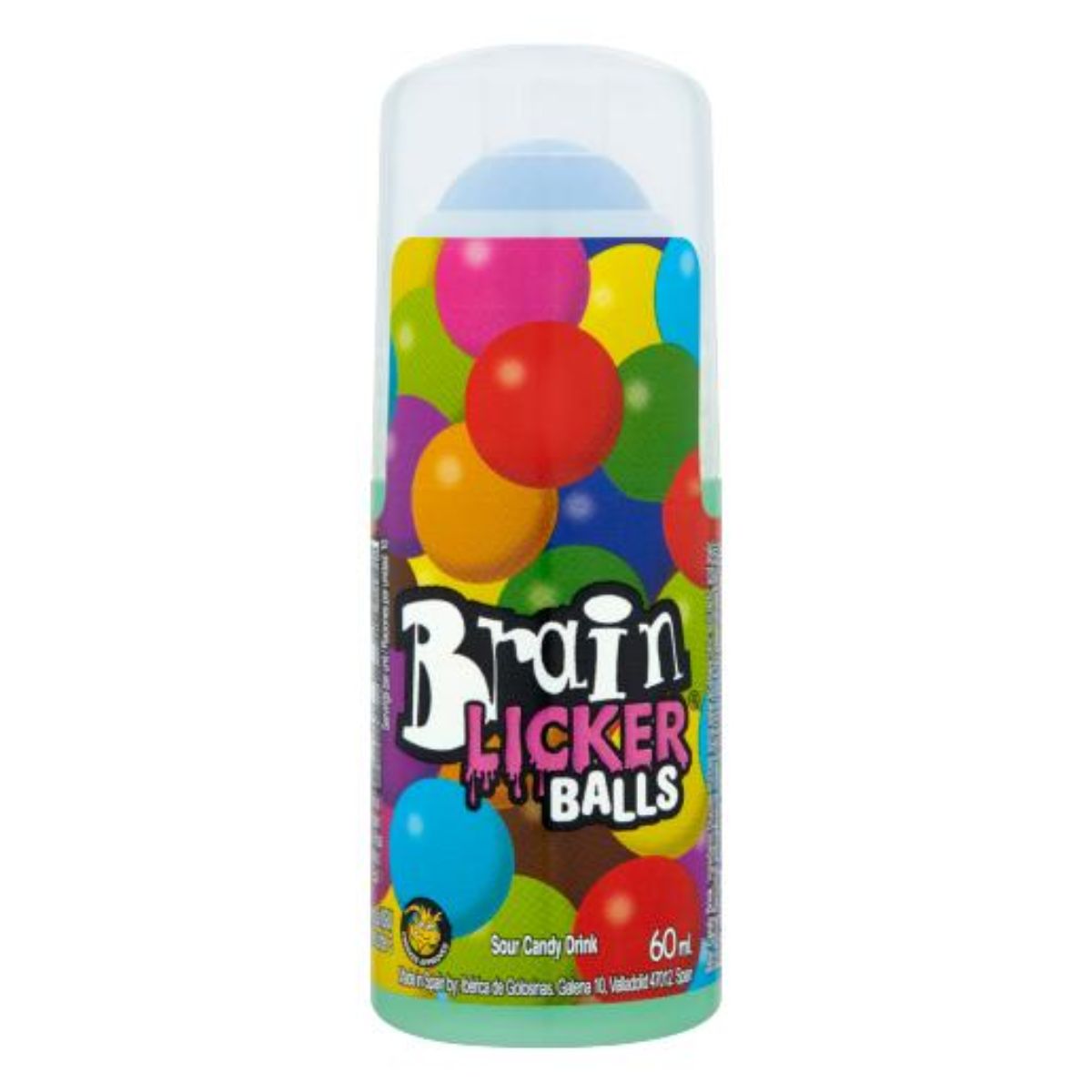 A bottle of Brain Licker - Balls Sour Candy Drink - 60ml on a white background.