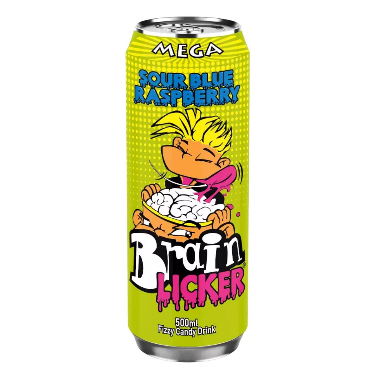 A can of Brain Licker - Sour Blue Raspberry Fizzy Drink - 500ml with a cartoon character on it.