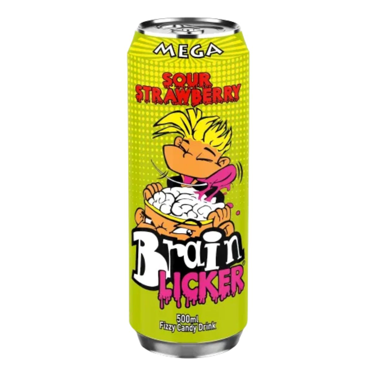 A can of Brain Licker - Sour Fizzy Candy Drink Strawberry - 500ml with a cartoon character on it. A can of Brain Licker - Sour Fizzy Candy Drink Strawberry - 500ml with a cartoon character on it.