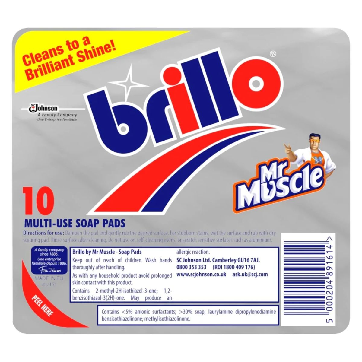 Packaging for Brillo - Soap Pads - 10pcs with Mr. Muscle branding, highlighting the product's cleaning capabilities and containing 10 pads.