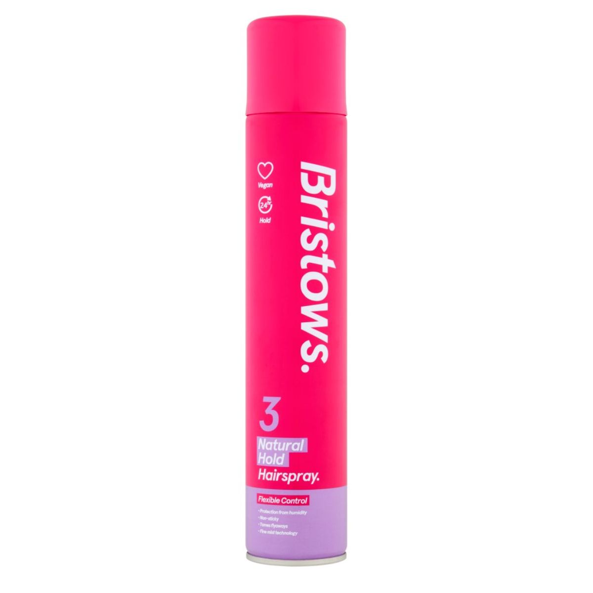 A pink bottle of Bristows - 3 Natural Hold Hairspray - 400ml on a white background.