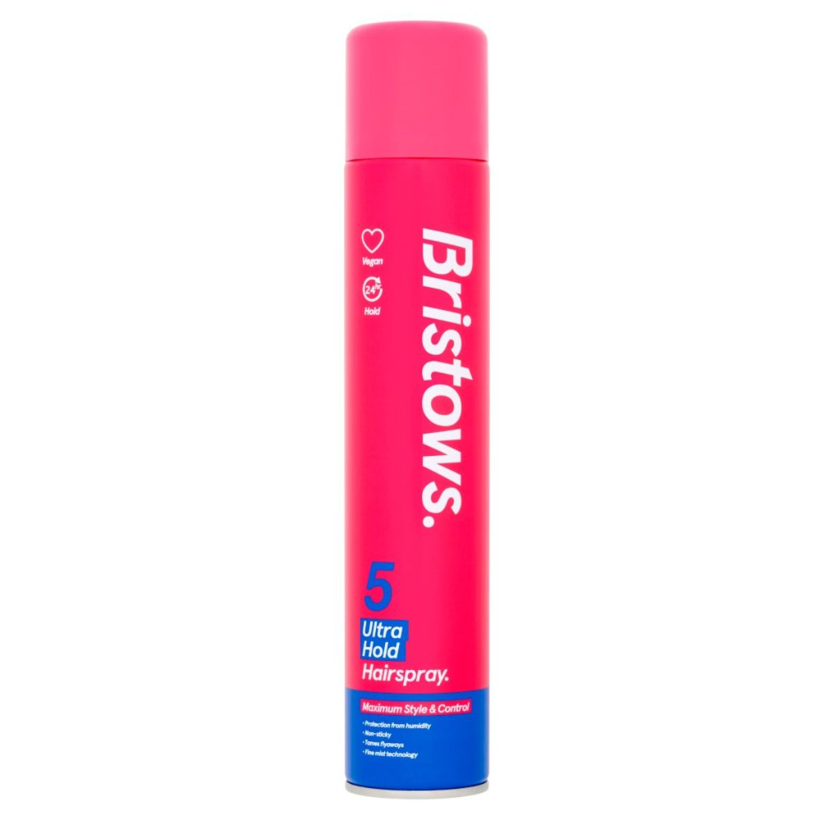 A pink bottle of Bristows - 5 Ultra Hold Hairspray - 400ml on a white background.