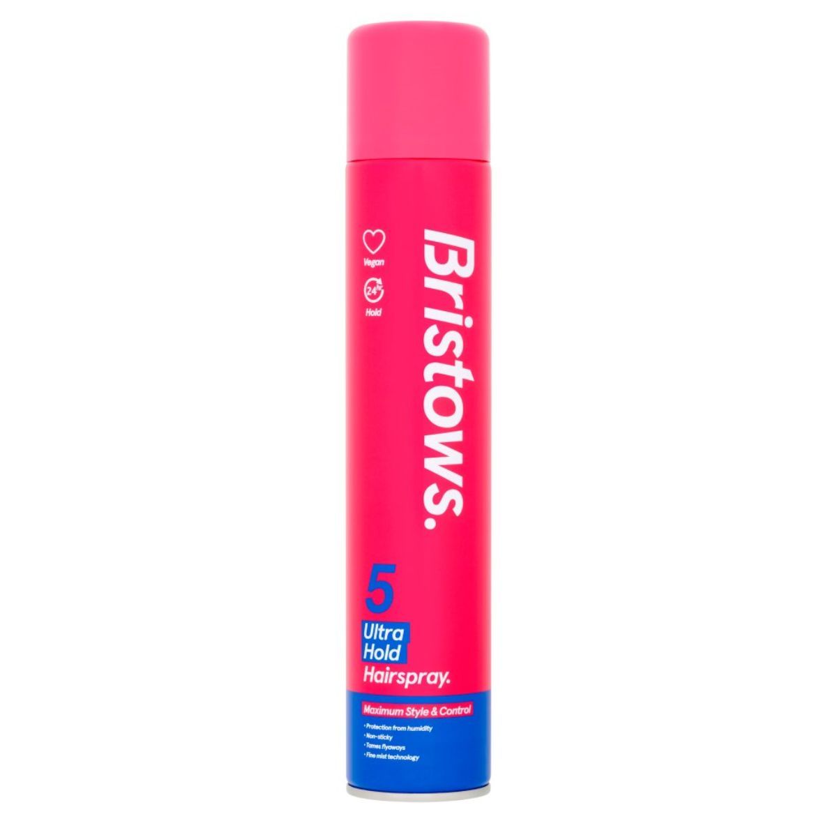 A pink bottle of Bristows - 5 Ultra Hold Hairspray - 400ml on a white background. A pink bottle of Bristows - 5 Ultra Hold Hairspray - 400ml on a white background.