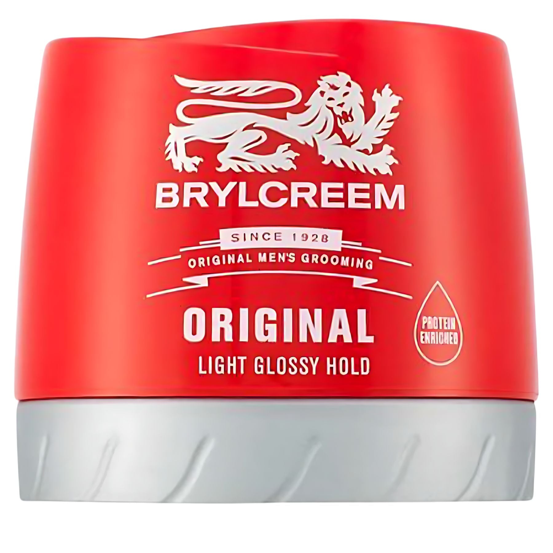 A red and silver 250ml container of Brylcreem Original Light Glossy Hold Hair Cream, emphasizing its protein-enriched formula. A red and silver 250ml container of Brylcreem Original Light Glossy Hold Hair Cream, emphasizing its protein-enriched formula.