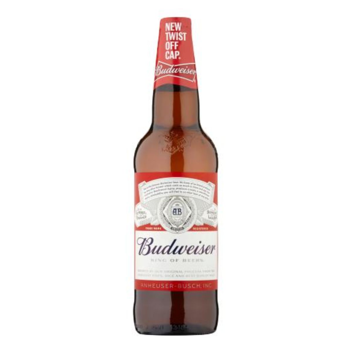 A bottle of Budweiser - Lager Beer Bottle (4.5% ABV) - 660ml on a white background.