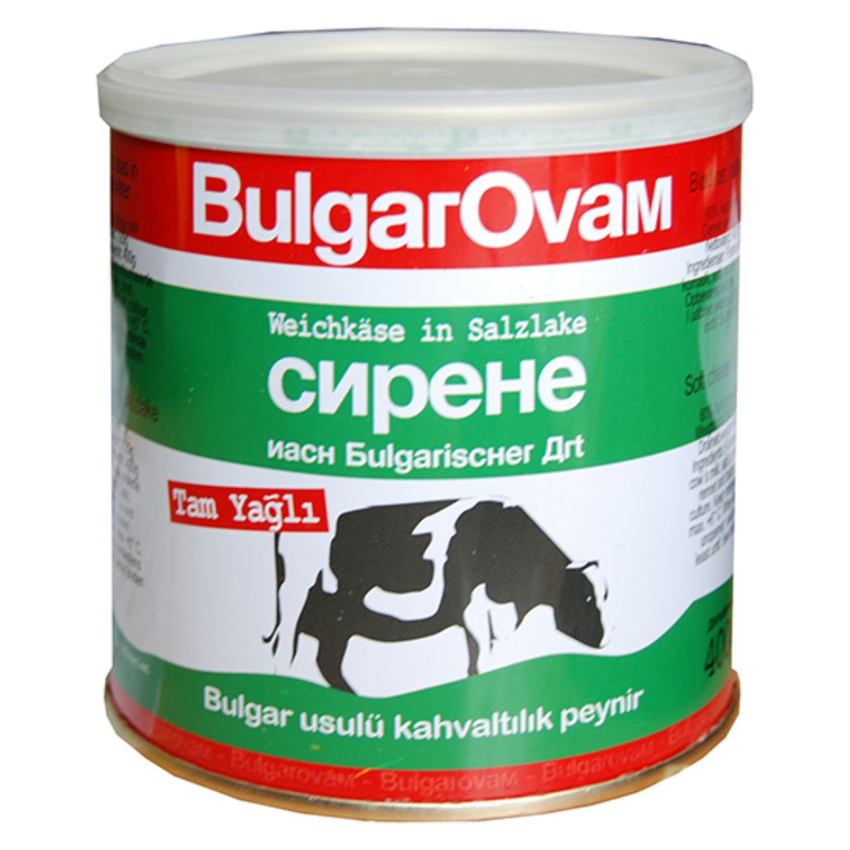 A can of Bulgarovam - Cheese - 400g with the brand name bulgarovam, featuring multilingual labels and a black and white cow illustration.
