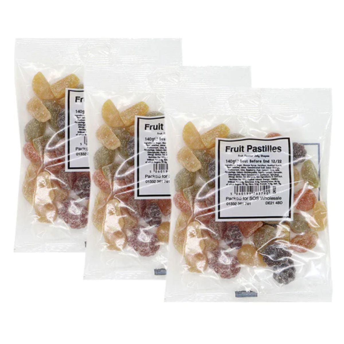 Three packages of Bumper - Bag Fruit Pastilles - 140g (1pcs) on a white background. Three packages of Bumper - Bag Fruit Pastilles - 140g (1pcs) on a white background.