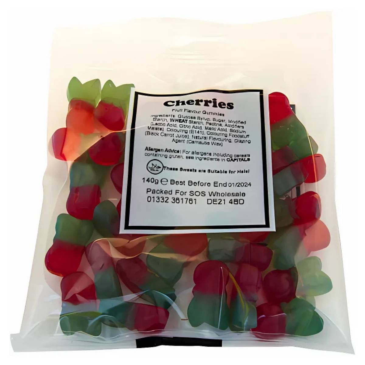 A Bumper Bag containing 110g of cherry-flavored chewy sweets is packaged in a clear bag, featuring nutritional information, allergy advice, and Halal certification on the label. A Bumper Bag containing 110g of cherry-flavored chewy sweets is packaged in a clear bag, featuring nutritional information, allergy advice, and Halal certification on the label.