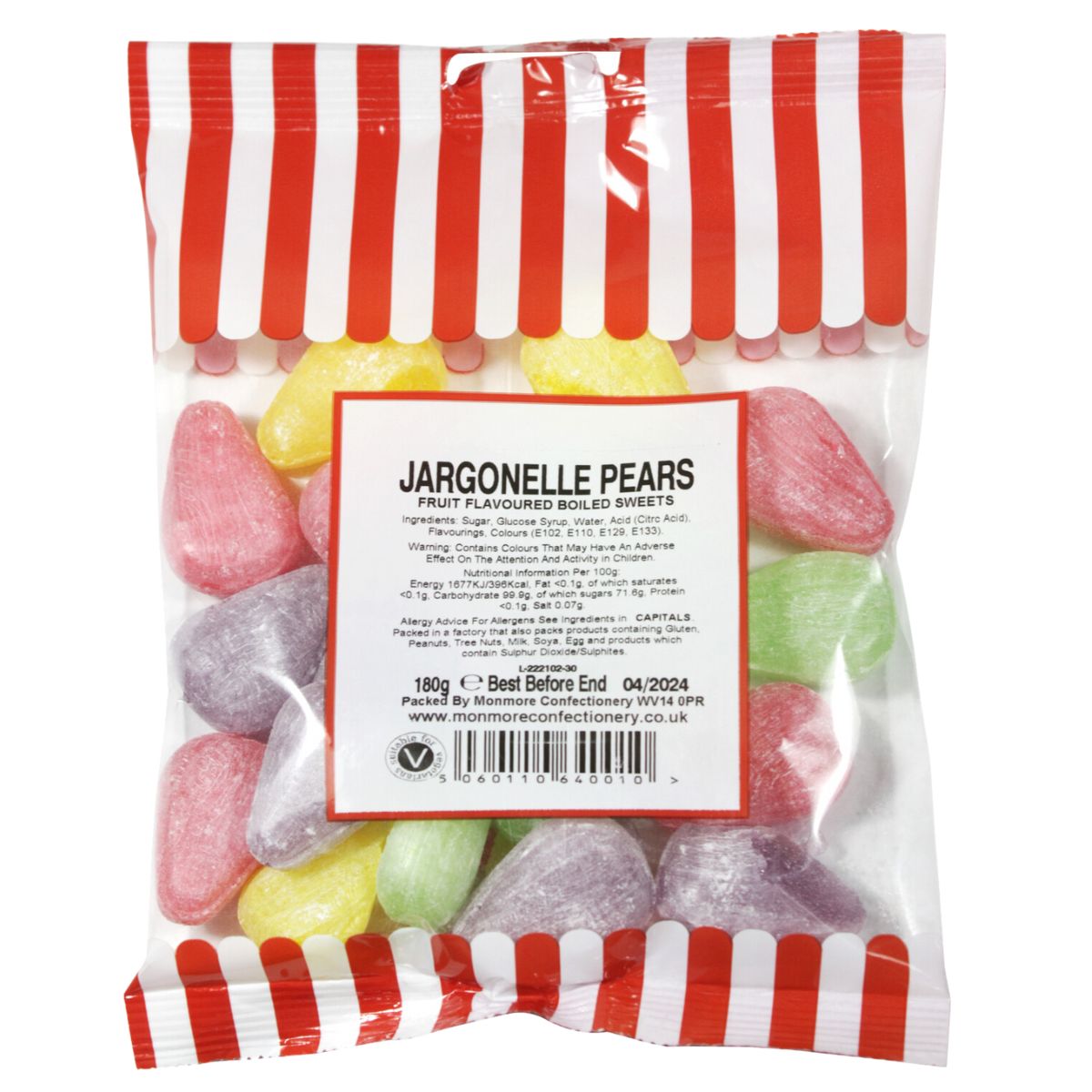 A bumper bag of Jargonelle Pear Drops - 140g in a red and white striped bag.