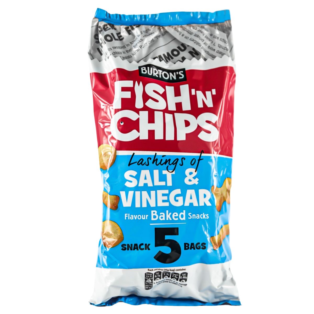 A bag of Burton's - Daily Fish & Chips Salt & Vinegar - 240g (5pcs) with salt and vinegar.