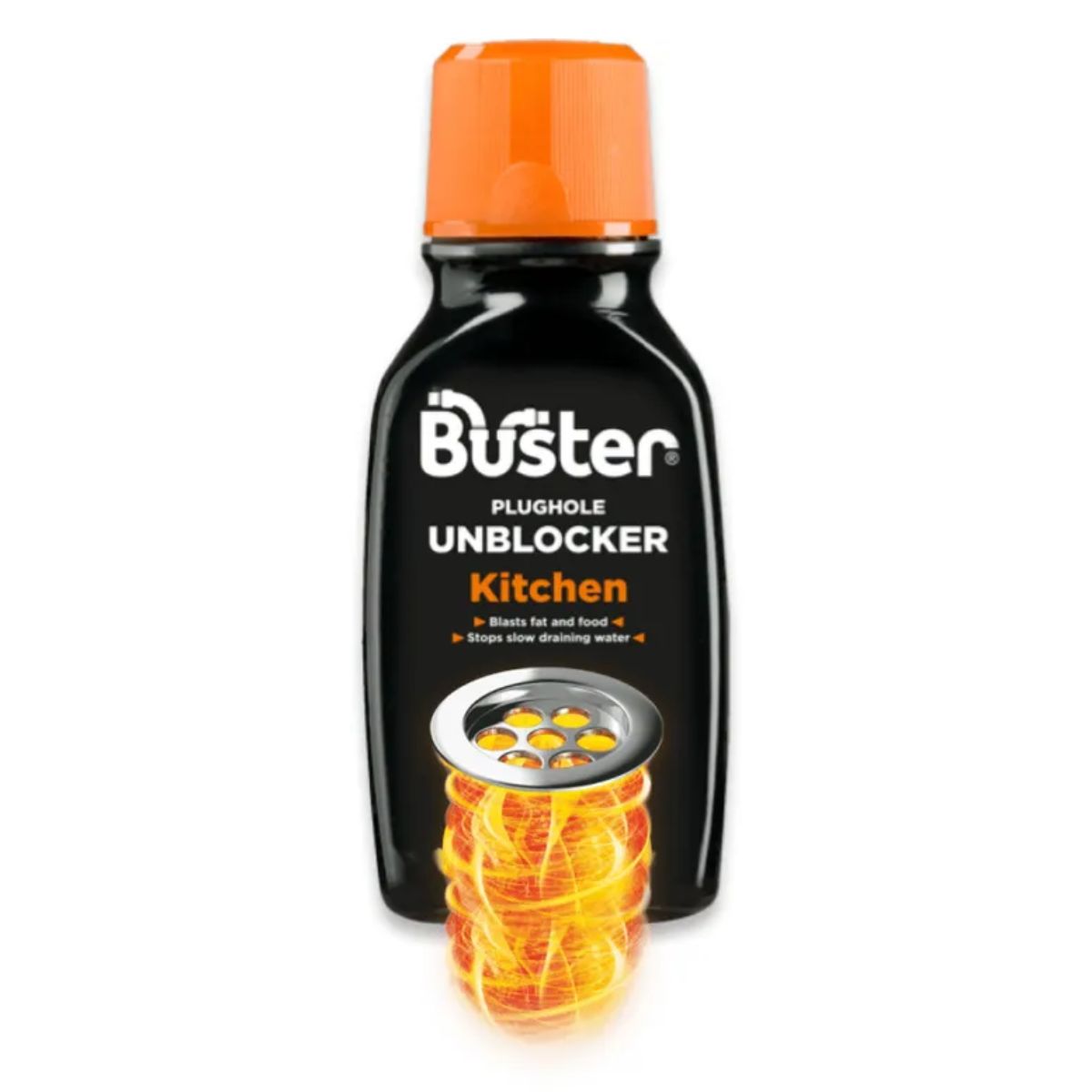 A bottle of Buster - Kitchen Unblocker - 200ml for the kitchen with an illustrated representation of its action on clogs.