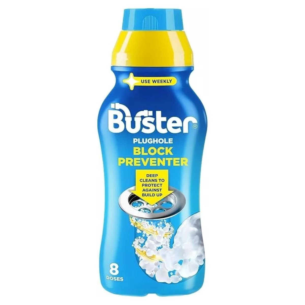 A blue 500ml bottle of Buster Plughole Block Preventer, designed for weekly use to deep clean and prevent blockages, featuring a label with a plughole and splashing water. A blue 500ml bottle of Buster Plughole Block Preventer, designed for weekly use to deep clean and prevent blockages, featuring a label with a plughole and splashing water.