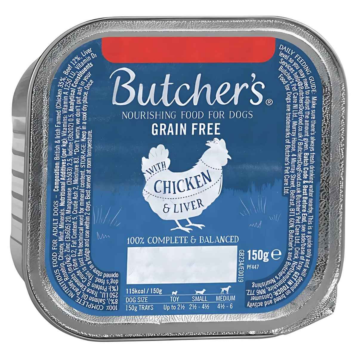 The Butcher's rectangular container of grain-free dog food with chicken and liver is 150g, featuring a prominent chicken graphic and detailed nutritional information. The Butcher's rectangular container of grain-free dog food with chicken and liver is 150g, featuring a prominent chicken graphic and detailed nutritional information.