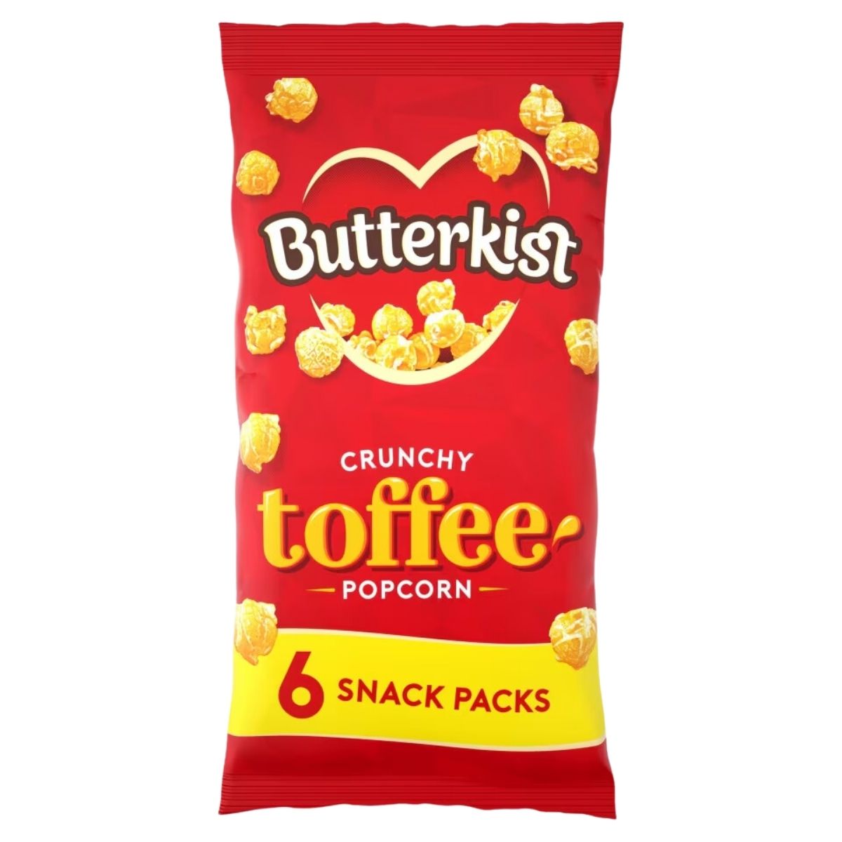 Red pack of Butterkist Crunchy Toffee Popcorn containing six 20g snack packs. Red pack of Butterkist Crunchy Toffee Popcorn containing six 20g snack packs.