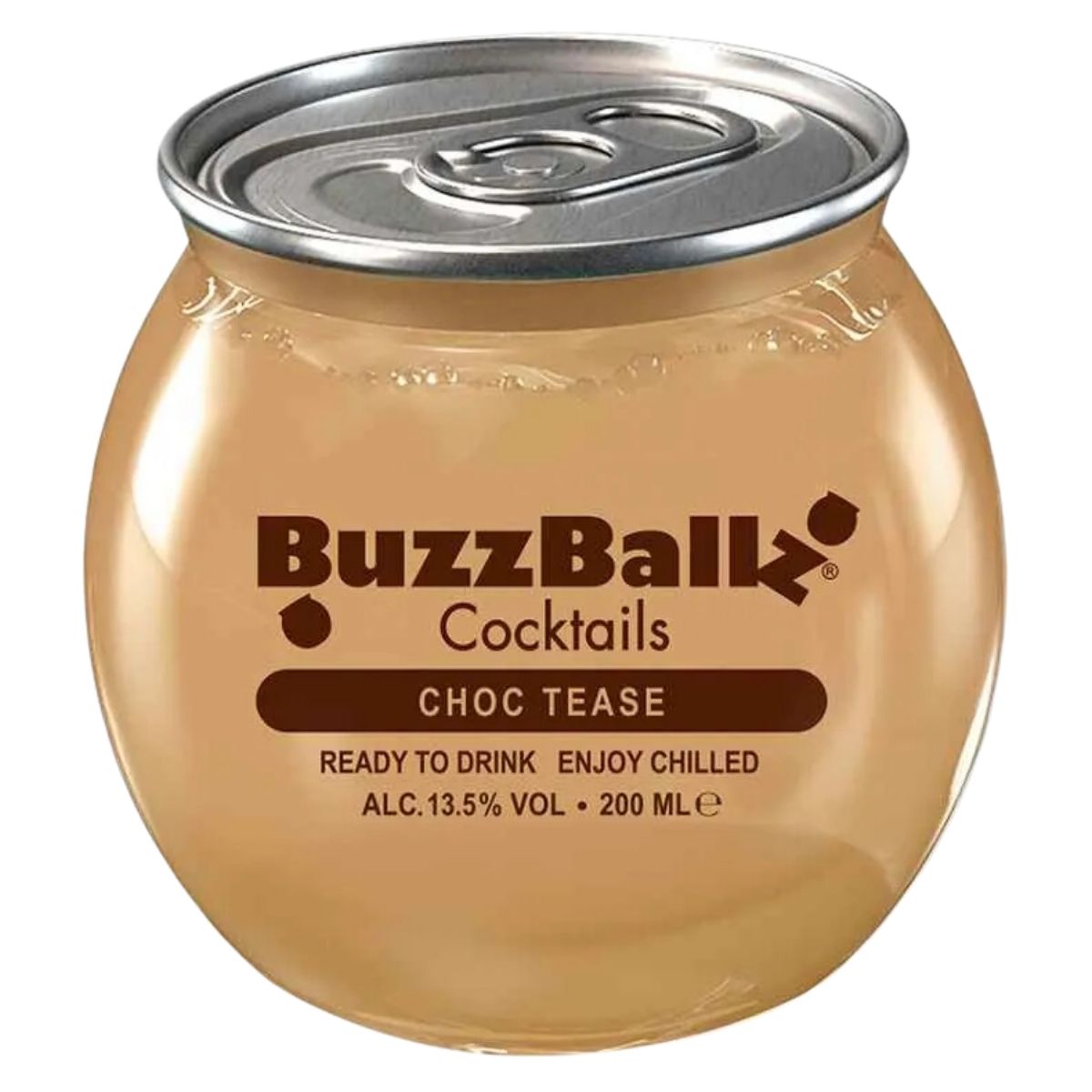 The BuzzBallz Chocolate Tease Cocktail (13.5% ABV, 200ml) is contained in a round can with a convenient pull-tab, offering a delightful sipping experience. The BuzzBallz Chocolate Tease Cocktail (13.5% ABV, 200ml) is contained in a round can with a convenient pull-tab, offering a delightful sipping experience.