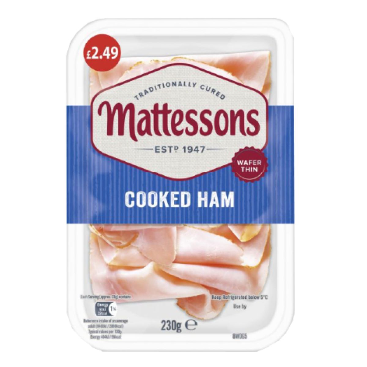 Packaged Mattessons Wafer Thin Cooked Ham with a price label, sealed in a plastic tray.