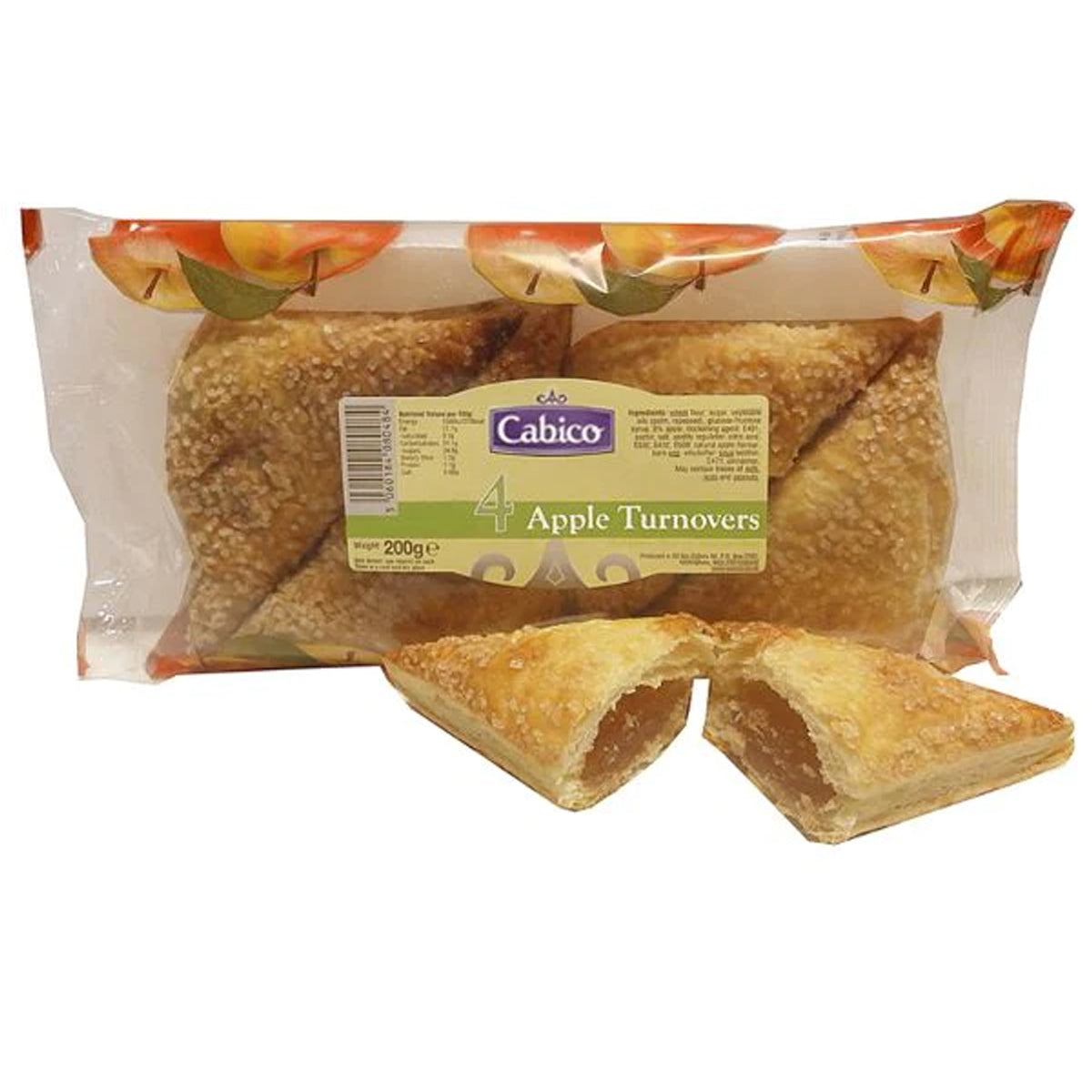 A bag of Cabico - 4 Apple Turnovers - 200g with a piece cut out of it.