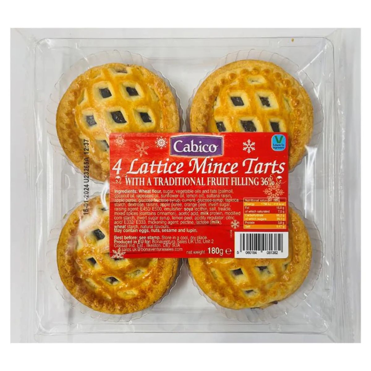 A package with four Cabico - 4 Lattice Mince Tarts - 180g in it.