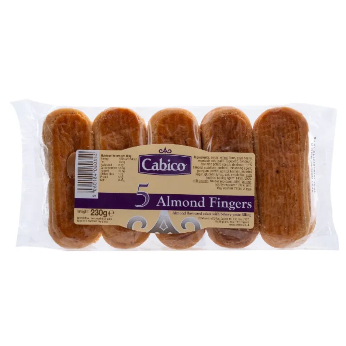 Pack of Cabico - 5 Almond Fingers - 230g, featuring a delightful almond-flavored cake with a rich bakery paste filling. Pack of Cabico - 5 Almond Fingers - 230g, featuring a delightful almond-flavored cake with a rich bakery paste filling.