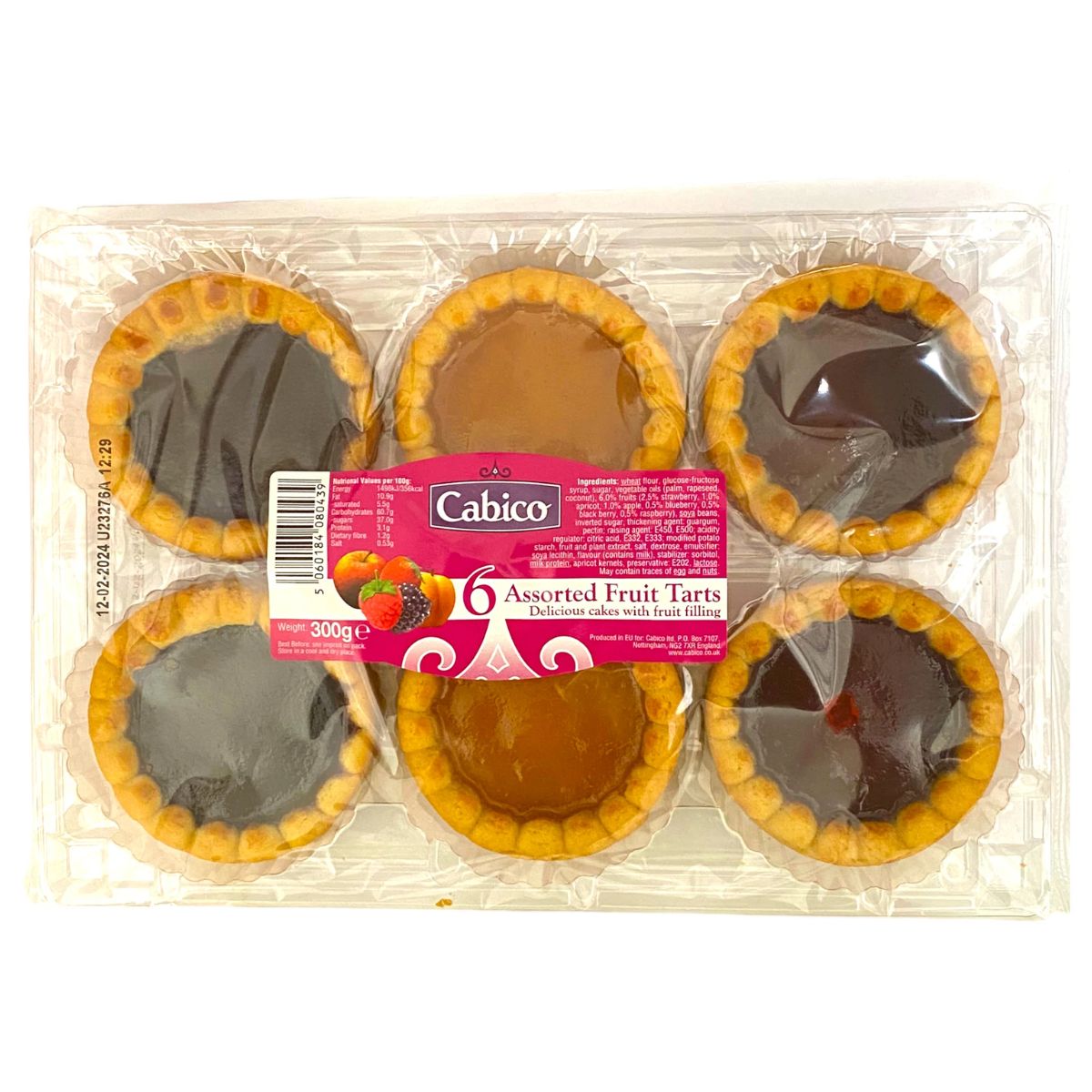 Cabico - 6 Assorted Fruit Tarts - 300g pies in a plastic package on a white background.