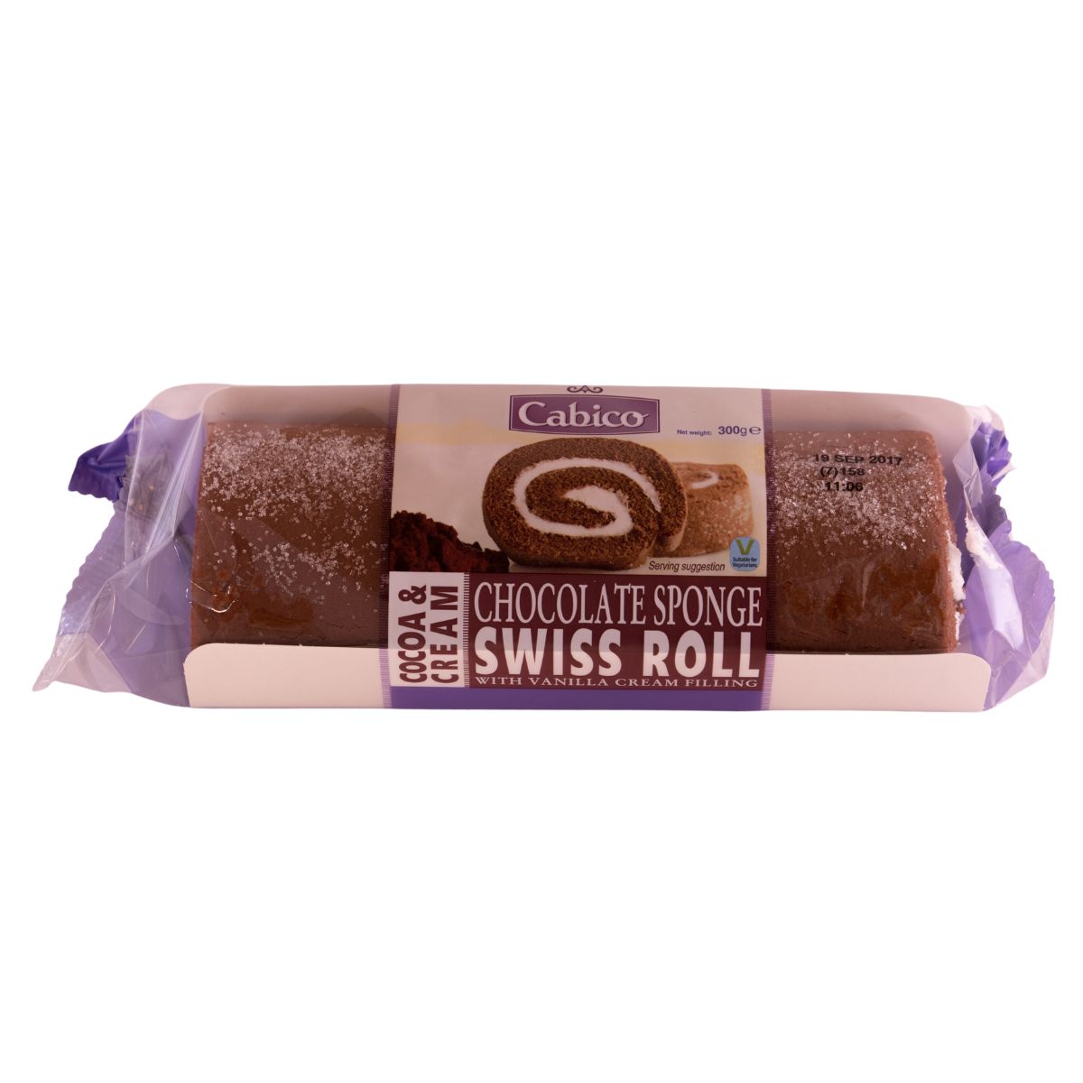 A Cabico - Chocoolate Sponge Swiss Roll - 300g on a white background.