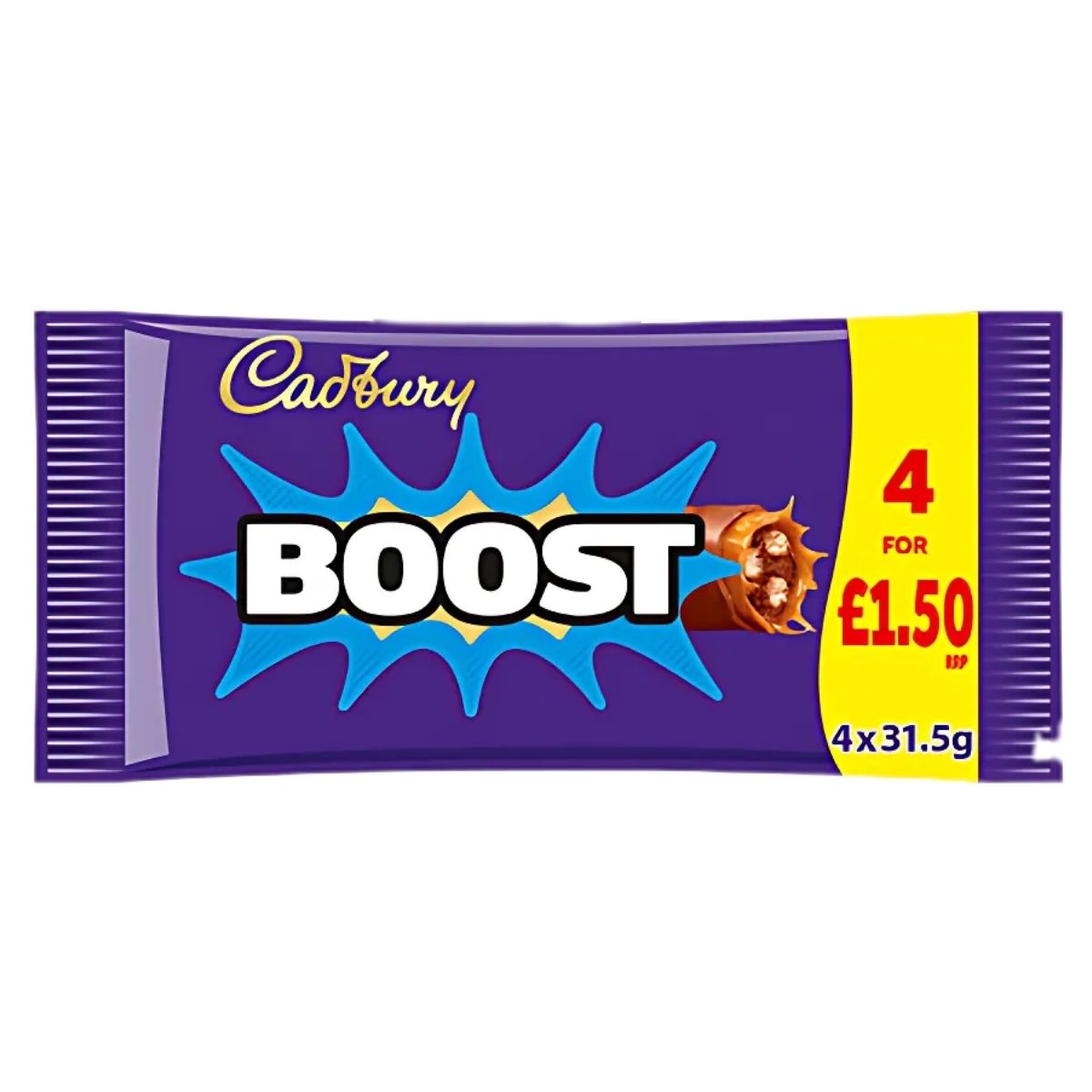 A Cadbury Boost Chocolate Multipack (4 x 31.5g) wrapper displays "4 for £1.50" beside a caramel biscuit cross-section image on a purple background. A Cadbury Boost Chocolate Multipack (4 x 31.5g) wrapper displays "4 for £1.50" beside a caramel biscuit cross-section image on a purple background.