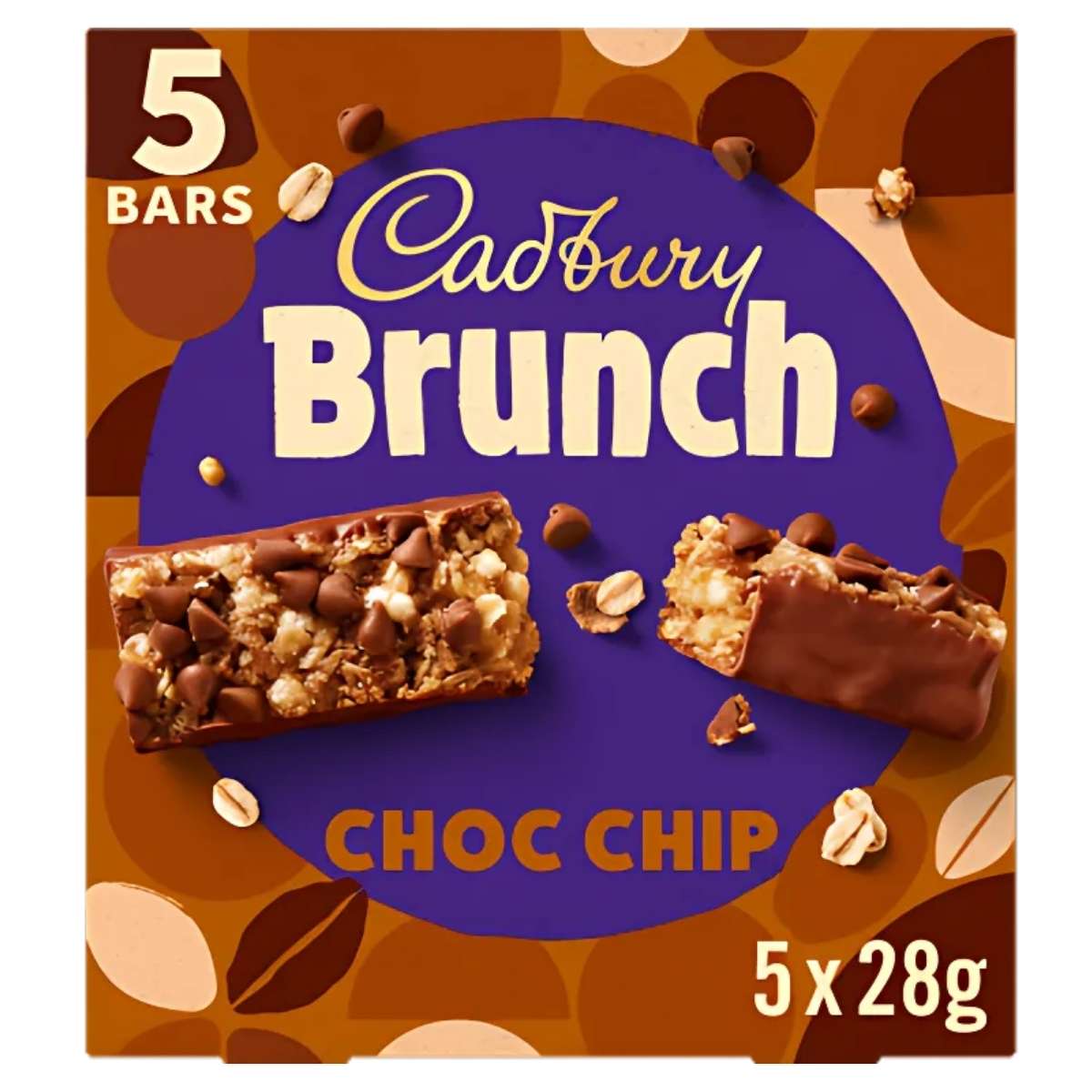 Cadbury Brunch Choco Chip 5 Bars (140g) offers five granola bars with milk chocolate chips, ideal for on-the-go snacking. Each bar weighs 28g. Cadbury Brunch Choco Chip 5 Bars (140g) offers five granola bars with milk chocolate chips, ideal for on-the-go snacking. Each bar weighs 28g.