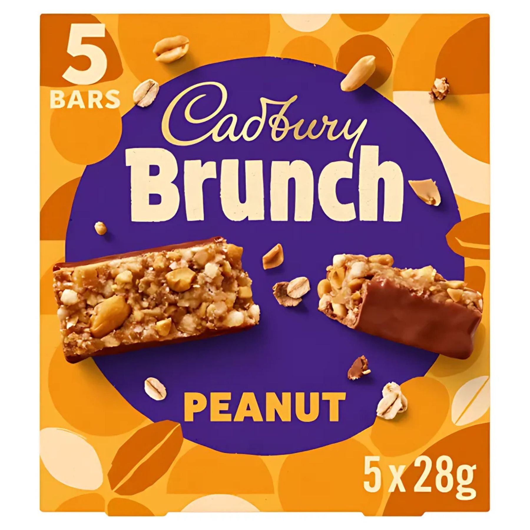 Cadbury Brunch Peanut Bars (5 x 28g, 140g) box shown with two bars—one coated in Cadbury chocolate, one uncoated—and peanuts scattered around. Each bar is a deliciously nutty snack, perfect for peanut lovers. Cadbury Brunch Peanut Bars (5 x 28g, 140g) box shown with two bars—one coated in Cadbury chocolate, one uncoated—and peanuts scattered around. Each bar is a deliciously nutty snack, perfect for peanut lovers.
