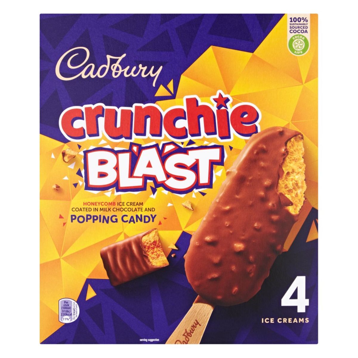 Packaging for Cadbury - Crunchie Blast Ice Cream - 4 x 100ml, featuring a honeycomb cream bar coated in milk chocolate with popping candy, set against a vibrant blue and purple geometric background. Packaging for Cadbury - Crunchie Blast Ice Cream - 4 x 100ml, featuring a honeycomb cream bar coated in milk chocolate with popping candy, set against a vibrant blue and purple geometric background.
